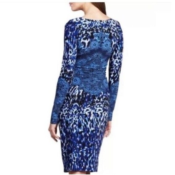 David Meister Dress Blue & Black Leopard Medallion Side Ruching Size 8 NEW - Picture 4 of 12